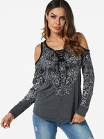 Wholesale V-Neck Cold Shoulder Floral Print Lace-Up Long Sleeve Grey T-Shirts