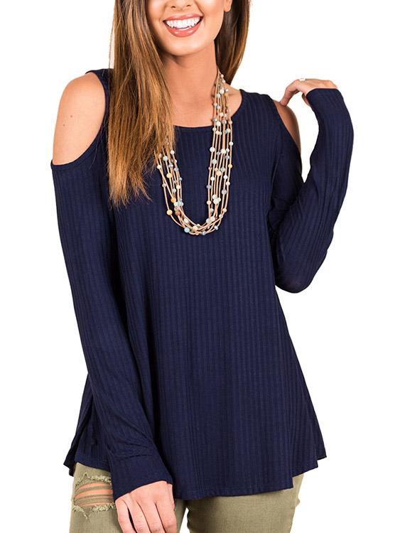 Wholesale Round Neck Cold Shoulder Cut Out Long Sleeve Navy Top