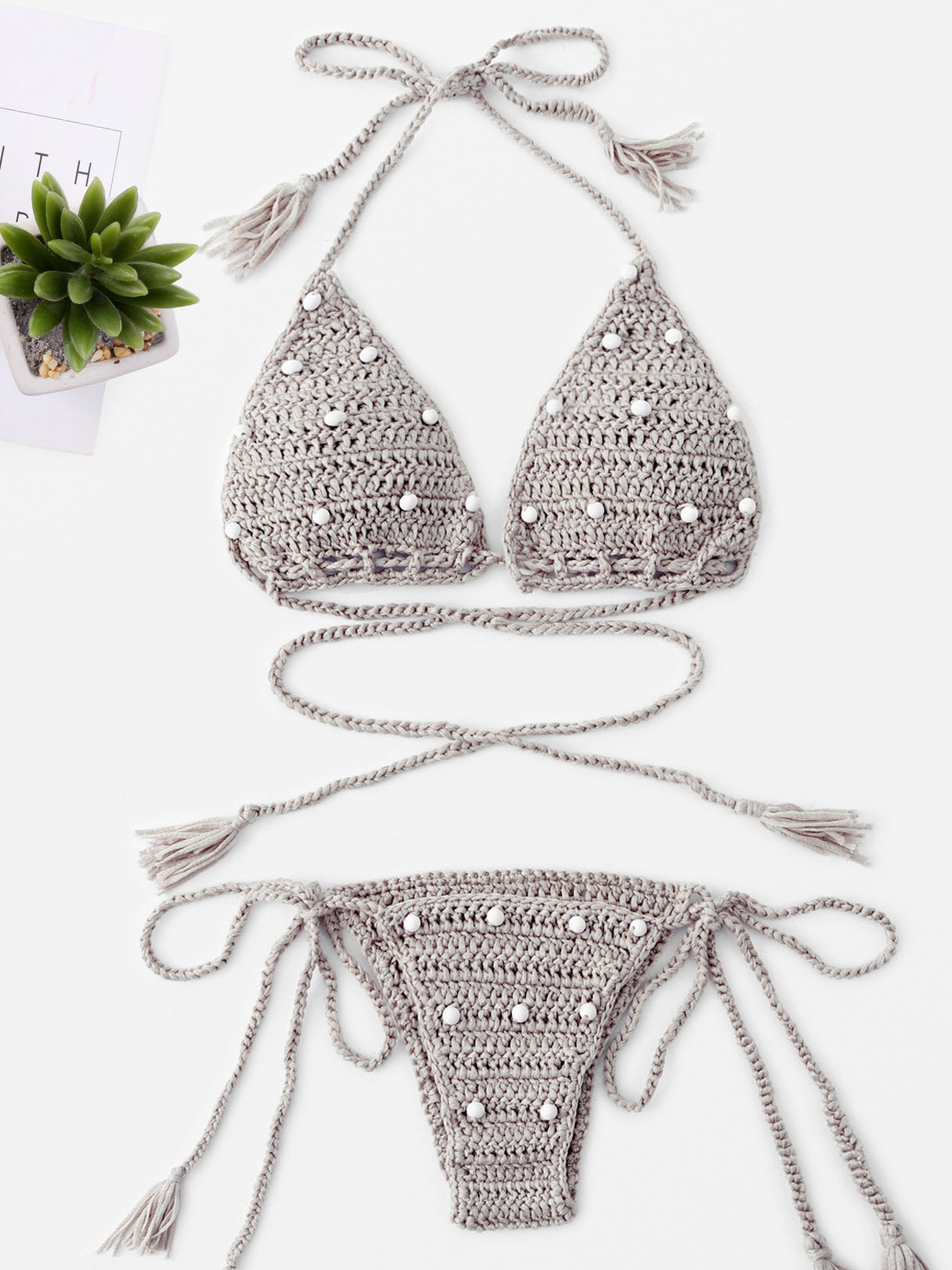 Wholesale Beige Halter Sleeveless Backless Hollow Tie-Up Bikinis