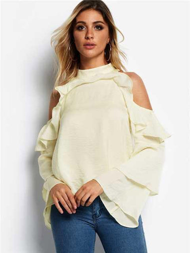 Wholesale Cold Shoulder Plain Long Sleeve White Blouses