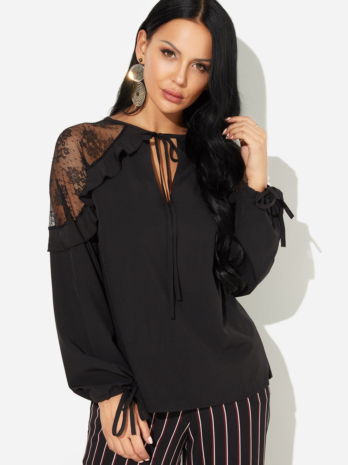 Wholesale V-Neck Lace Self-Tie Long Sleeve Black Blouses