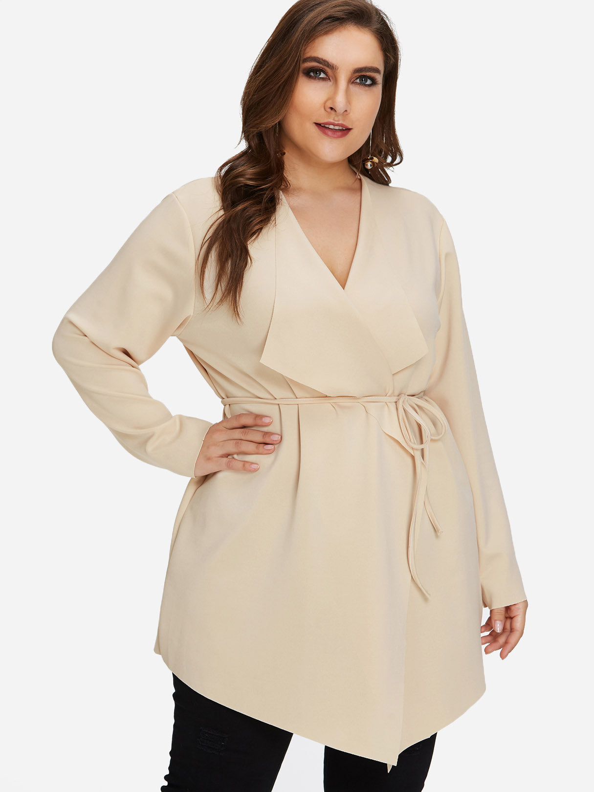 Wholesale V-Neck Plain Long Sleeve Apricot Plus Size Coats & Jackets