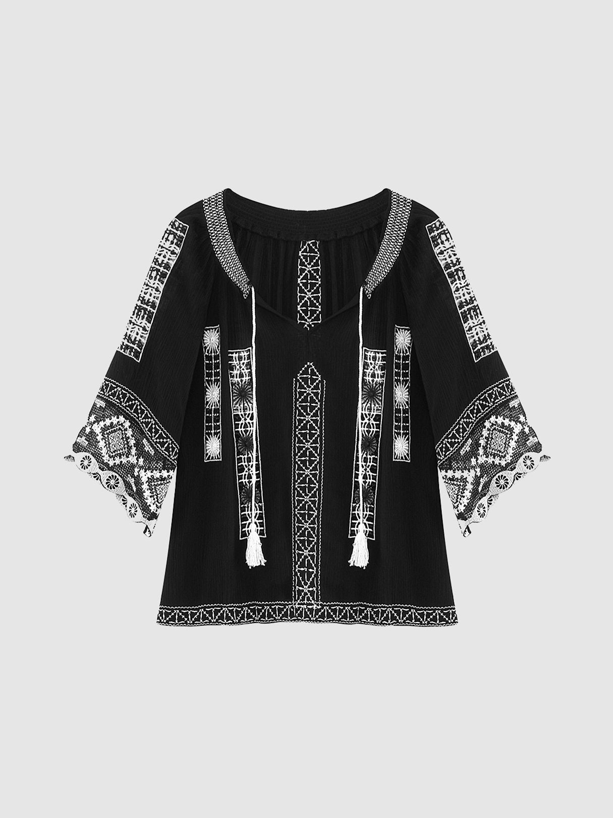 Wholesale V-Neck Embroidered Lace Black Top