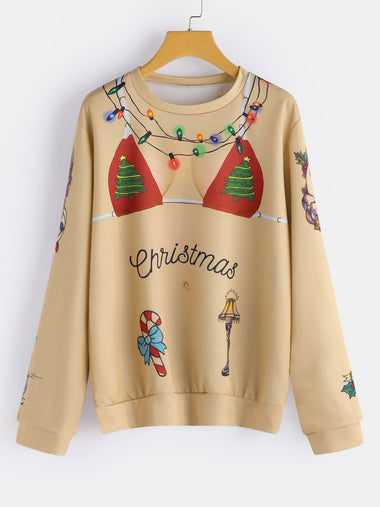 Wholesale Round Neck Printed Long Sleeve Khaki Plus Size Tops