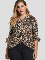 Wholesale V-Neck Leopard Self-Tie Long Sleeve Plus Size Tops