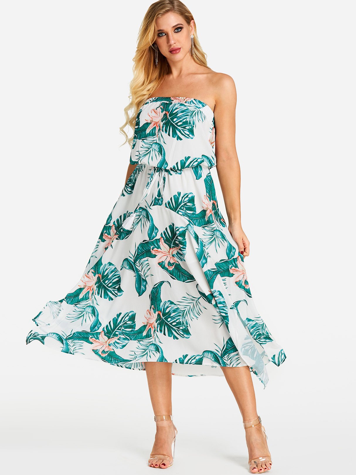 Wholesale Strapless Sleeveless Floral Print Slit Hem Dresses
