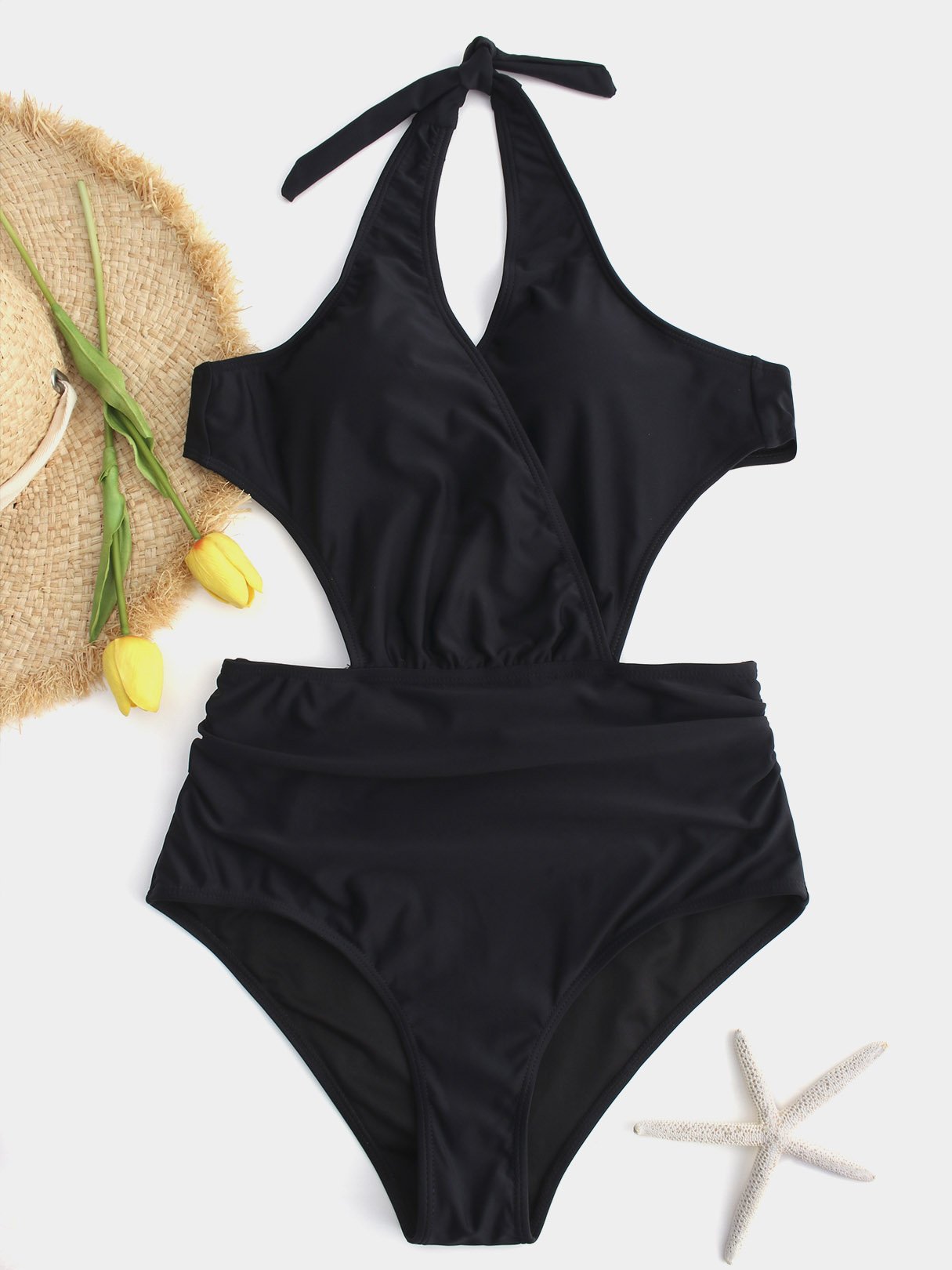 Wholesale V-Neck Plain Crossed Front Backless Cut Out Tie-Up High Waisted Black One-Pieces