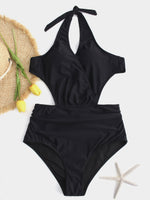 Wholesale V-Neck Plain Crossed Front Backless Cut Out Tie-Up High Waisted Black One-Pieces