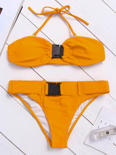Wholesale Yellow High Waist Two Piece Bikinis