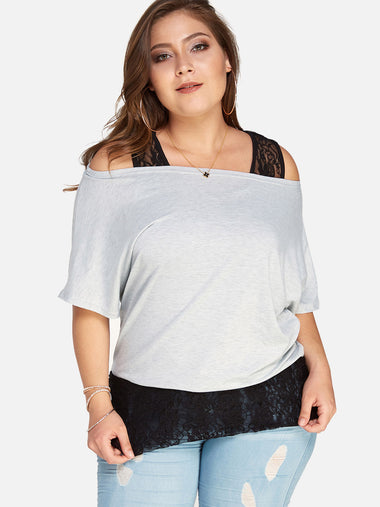 Wholesale Cold Shoulder Lace Hollow Half Sleeve Plus Size Tops