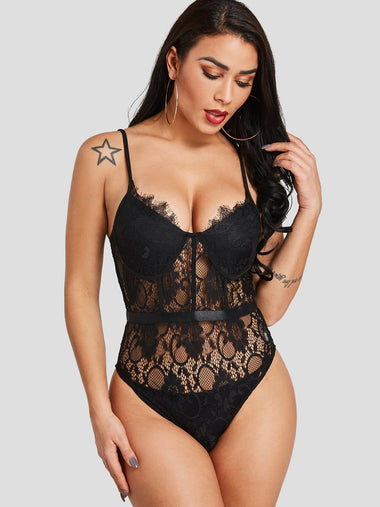 Wholesale V-Neck Lace Sleeveless Black Bodysuits
