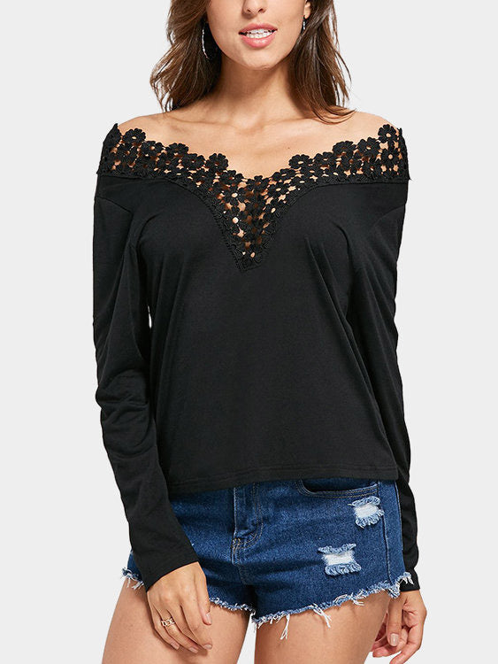 Wholesale Off The Shoulder Lace Lace-Up Long Sleeve Black Top