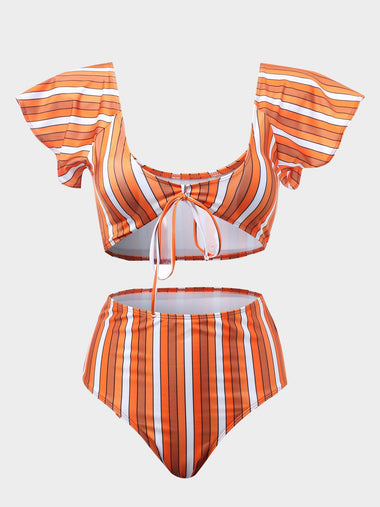 Wholesale Yellow Scoop Neck Short Sleeve Stripe Lace-Up High Waist 2 Piece Bikinis