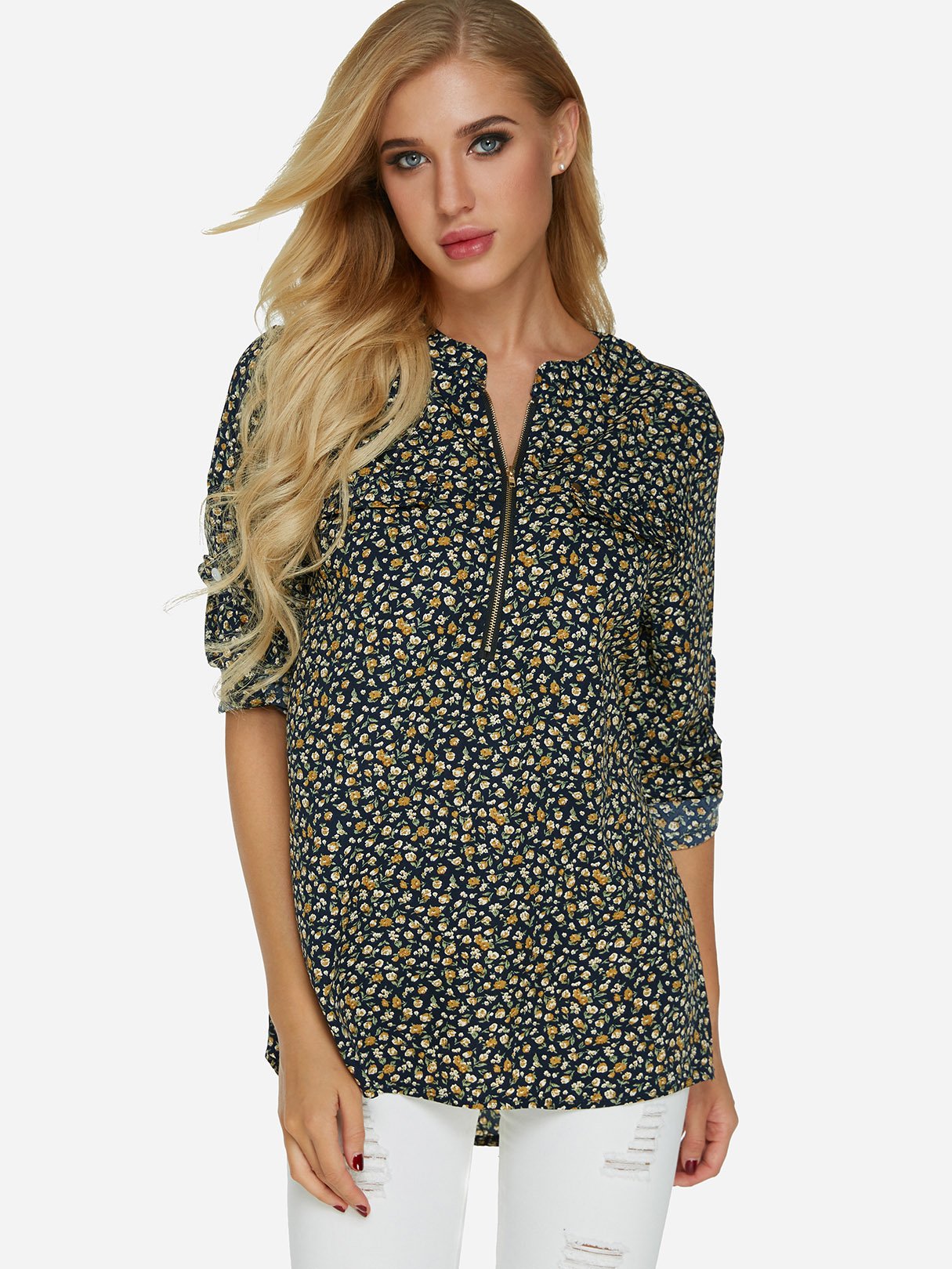 Wholesale V-Neck Floral Print Zip Back 3/4 Sleeve Black Blouses