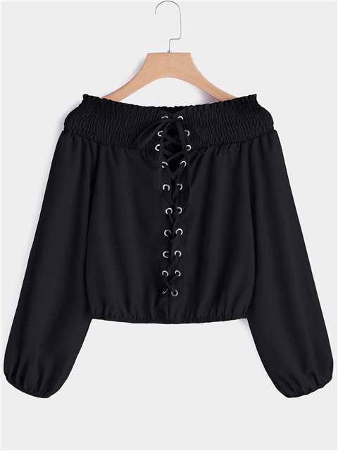 Wholesale Off The Shoulder Plain Lace-Up Long Sleeve Black Blouses