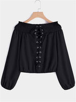 Wholesale Off The Shoulder Plain Lace-Up Long Sleeve Black Blouses