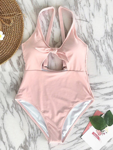 Wholesale Scoop Neck Plain Hollow Spaghetti Strap Sleeveless Pink One-Pieces