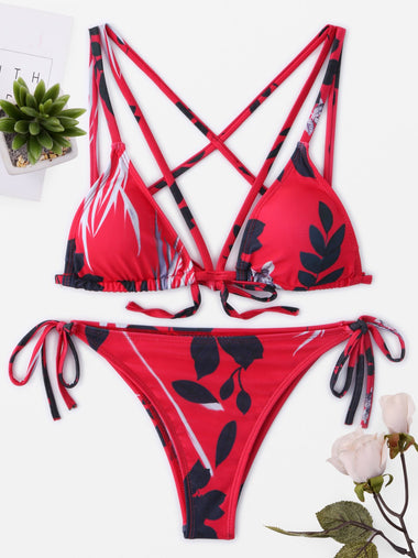Wholesale Floral Print Self-Tie Criss-Cross Sleeveless Red Bikini Set