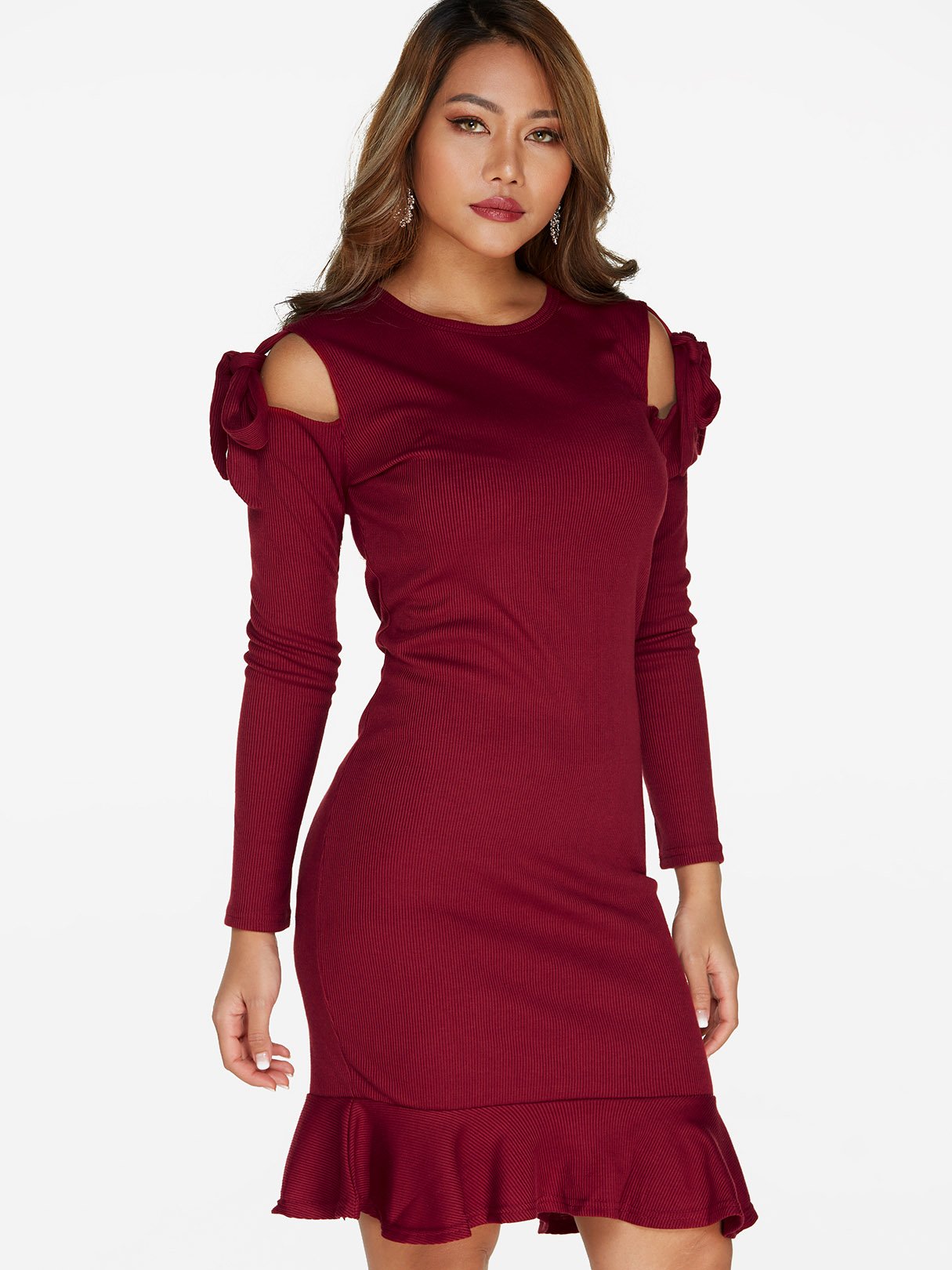 Wholesale Burgundy Round Neck Long Sleeve Cut Out Bowknot Sexy Dress