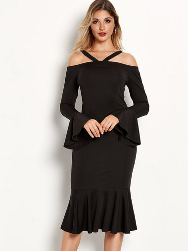 Wholesale Black Cold Shoulder Long Sleeve Plain Sexy Dress