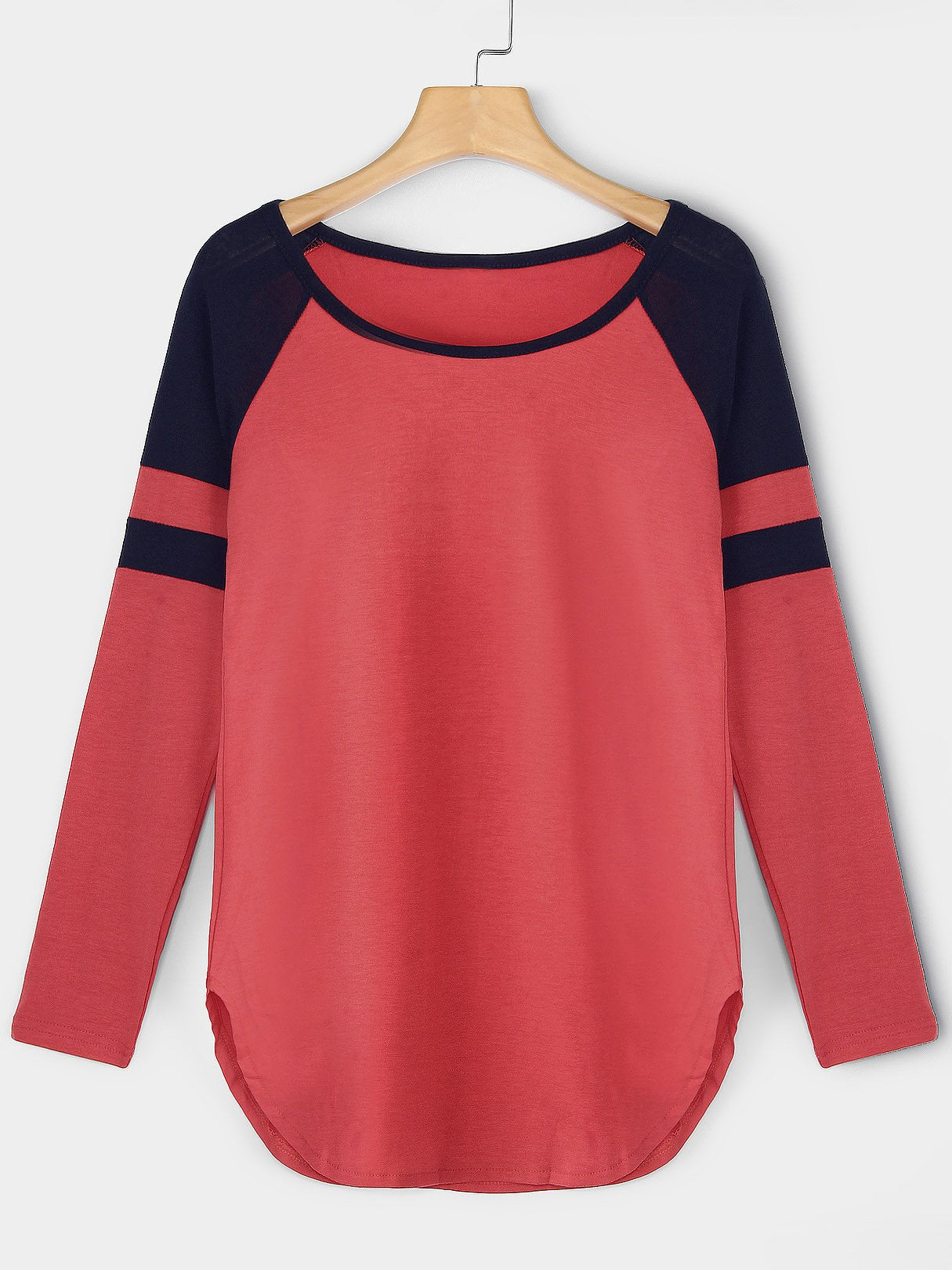 Wholesale Round Neck Stripe Plain Long Sleeve Curved Hem Red T-Shirts