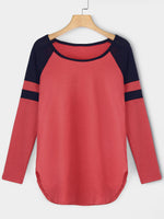 Wholesale Round Neck Stripe Plain Long Sleeve Curved Hem Red T-Shirts