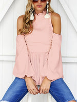 Wholesale Cold Shoulder Plain Zip Back Long Sleeve Flounced Hem Top