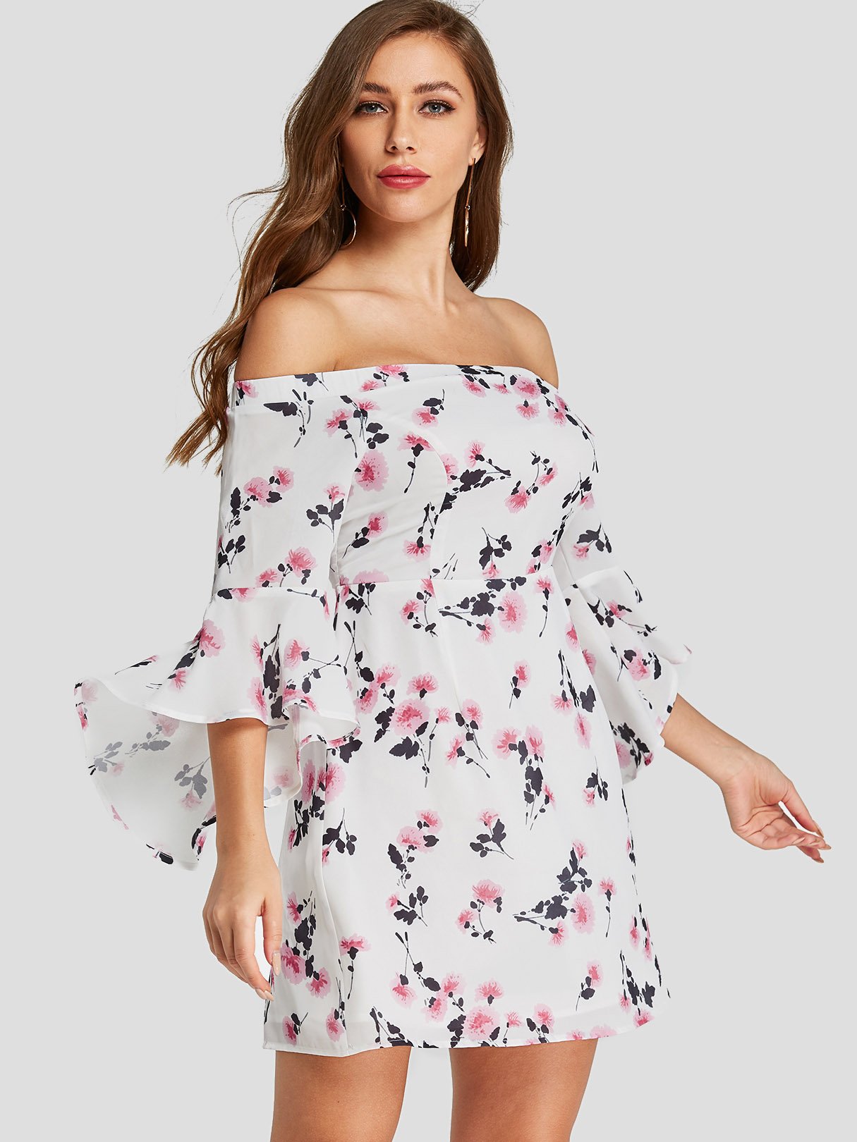 Wholesale White Off The Shoulder Half Sleeve Floral Print Zip Back Mini Dresses
