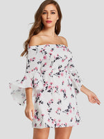 Wholesale White Off The Shoulder Half Sleeve Floral Print Zip Back Mini Dresses