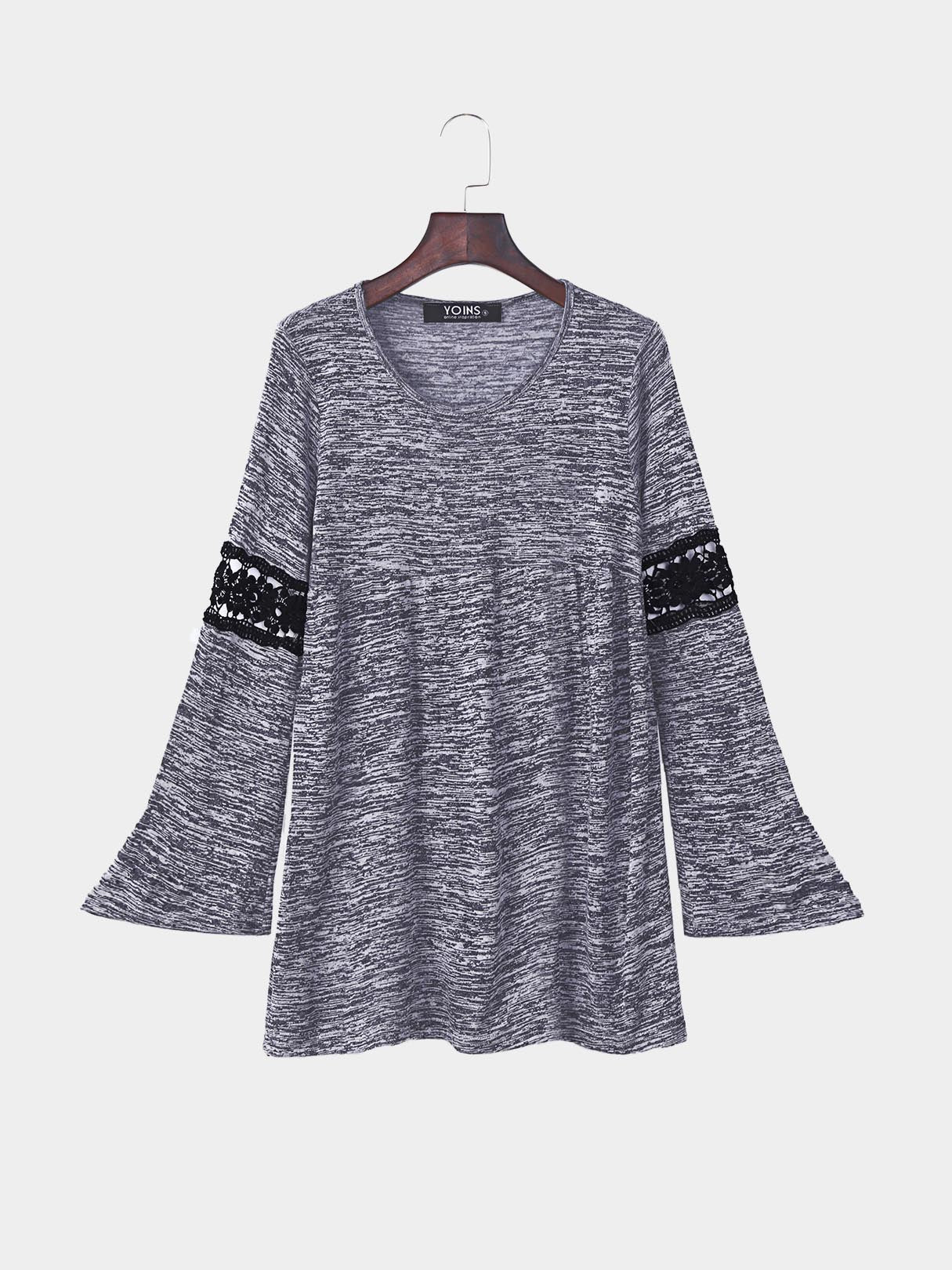 Wholesale Round Neck Lace Long Sleeve Grey T-Shirts