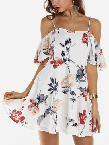 Wholesale White Off The Shoulder Short Sleeve Floral Print Backless Spaghetti Strap Flounced Hem Mini Dresses