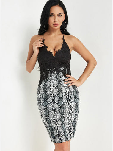 Wholesale V-Neck Sleeveless Snake Slit Spaghetti Strap See Through Lace Insert Dresses