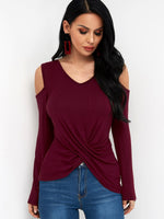 Wholesale V-Neck Cold Shoulder Crossed Front Long Sleeve T-Shirts