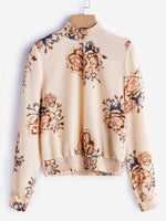 Wholesale Perkins Collar Floral Print Pleated Long Sleeve Beige Blouses