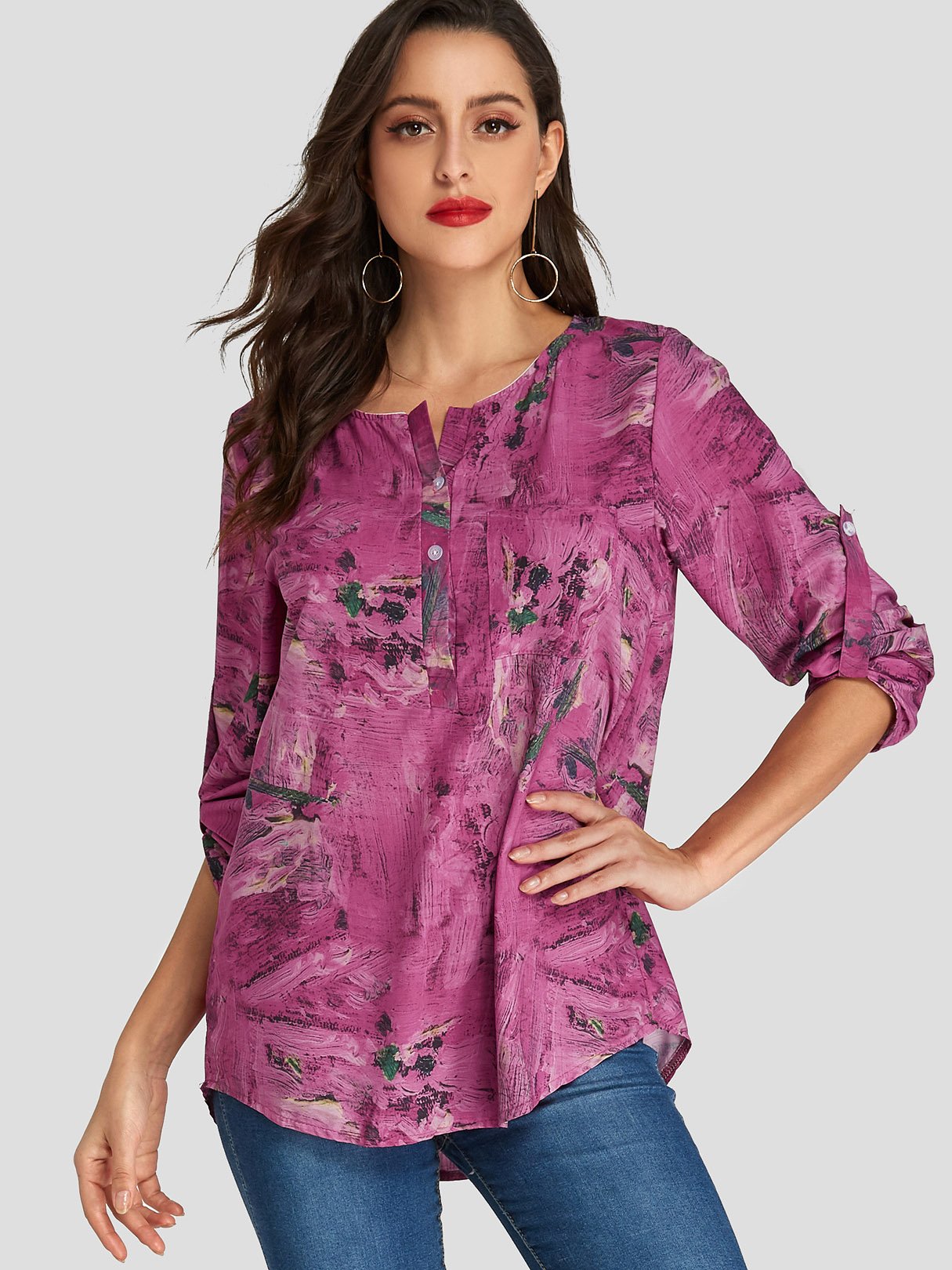 Wholesale Round Neck Floral Print Long Sleeve Pink Blouses