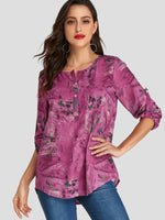 Wholesale Round Neck Floral Print Long Sleeve Pink Blouses