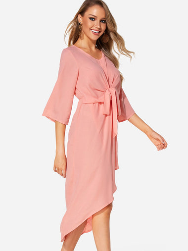 Wholesale Pink 3/4 Length Sleeve Plain Self-Tie Casual Dress