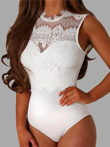 Wholesale Round Neck Lace Backless Cut Out Sleeveless White Bodysuits