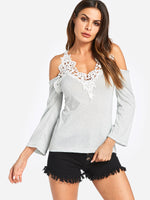 Wholesale Cold Shoulder Lace Long Sleeve Grey T-Shirts