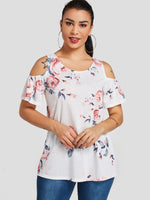 Wholesale Cold Shoulder Floral Print Short Sleeve White T-Shirts