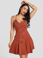 Wholesale Orange V-Neck Sleeveless Backless Self-Tie Lace Insert Dresses
