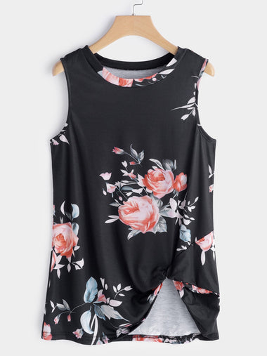 Wholesale Round Neck Floral Print Crossed Front Sleeveless Irregular Hem Tank Top
