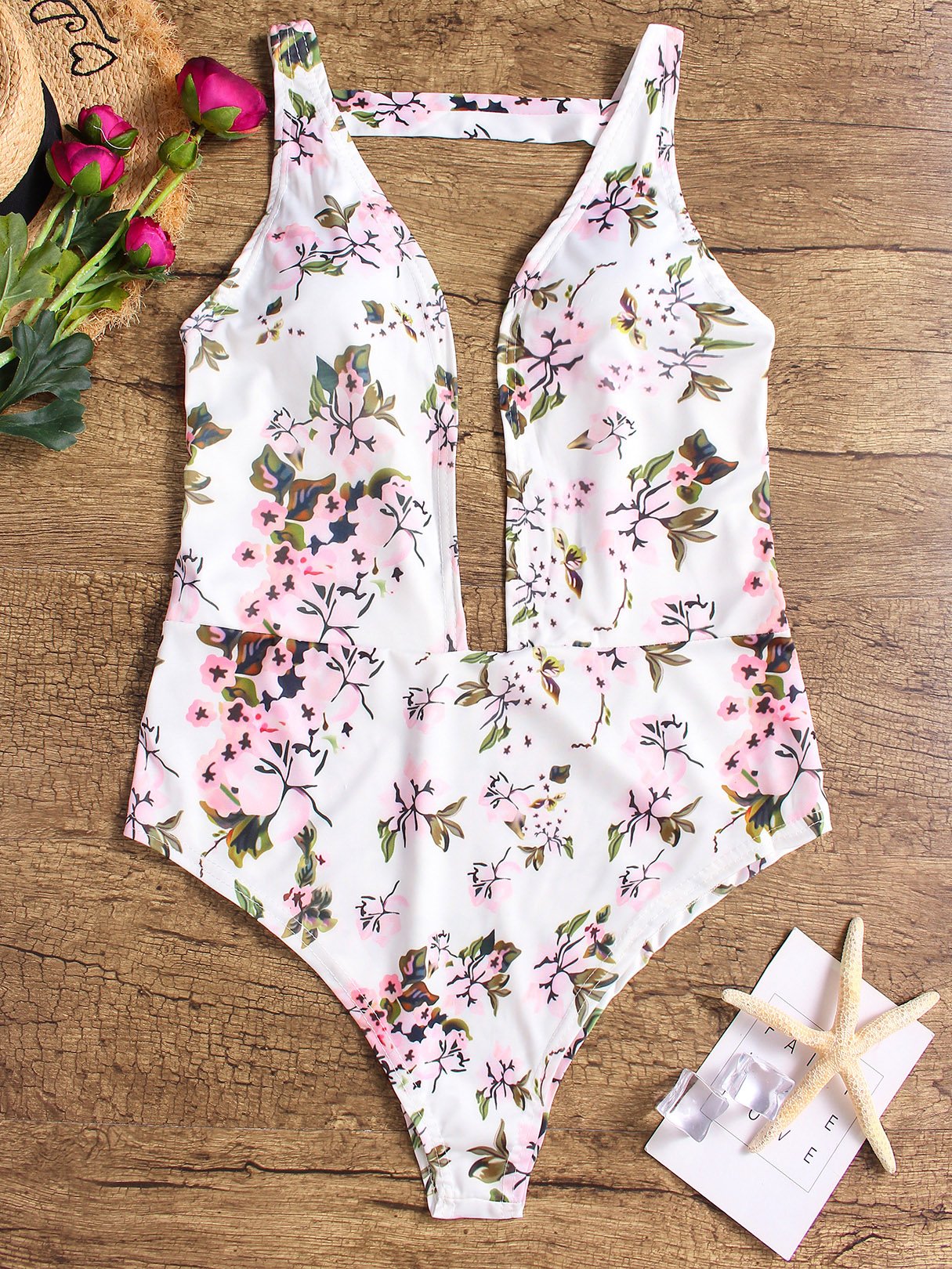 Wholesale V-Neck Floral Print Backless One-Pieces