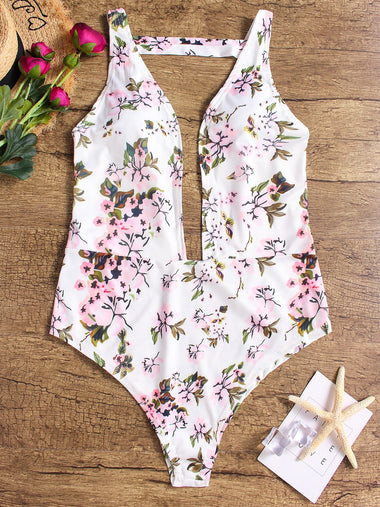 Wholesale V-Neck Floral Print Backless One-Pieces