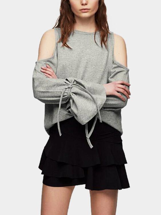 Wholesale Round Neck Cold Shoulder Long Sleeve Grey T-Shirts