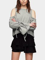Wholesale Round Neck Cold Shoulder Long Sleeve Grey T-Shirts