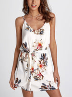 Wholesale Round Neck Sleeveless Floral Print Tiered Backless Spaghetti Strap Self-Tie Curved Hem Dresses