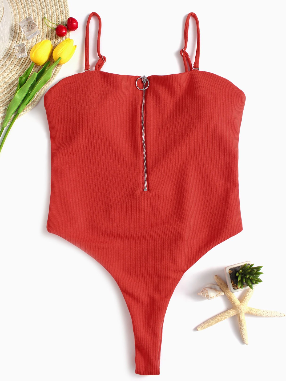 Wholesale Red Square Neck Sleeveless Plain Zip Back Wireless One-Pieces