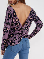 Wholesale Bateau Leopard Backless Long Sleeve Purple T-Shirts