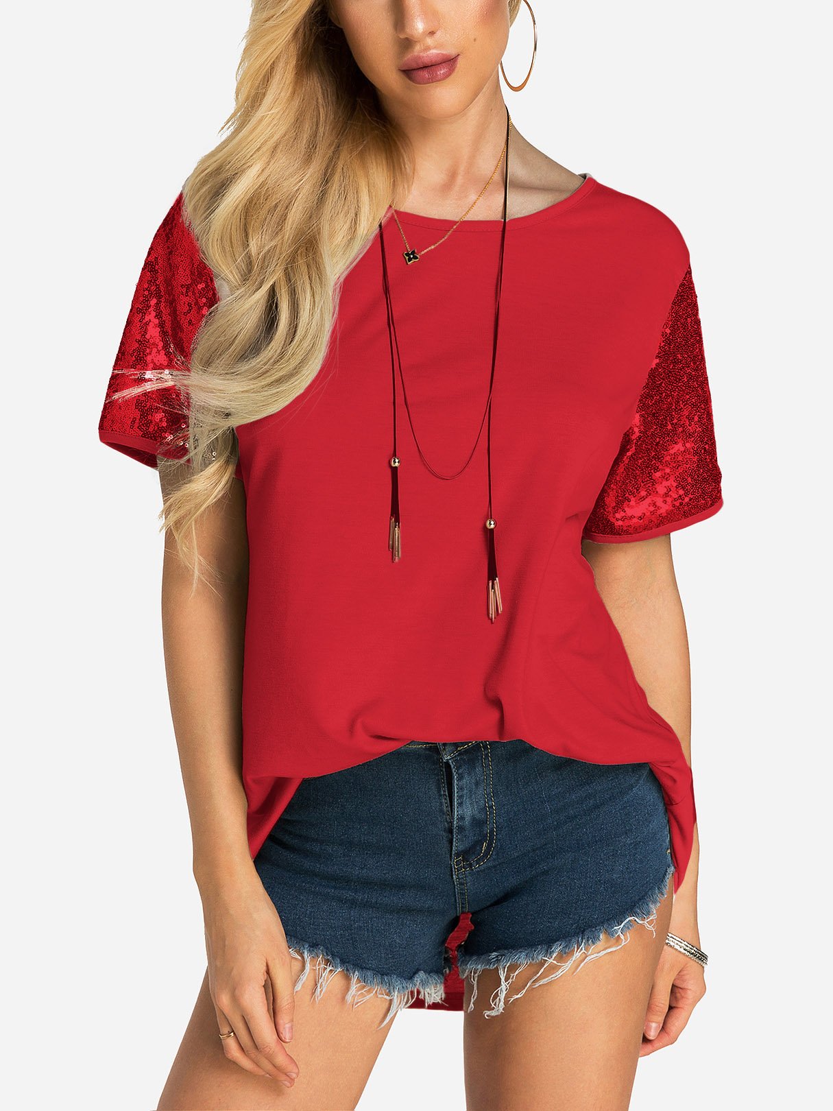 Wholesale Round Neck Sequins Embellished Short Sleeve T-Shirts